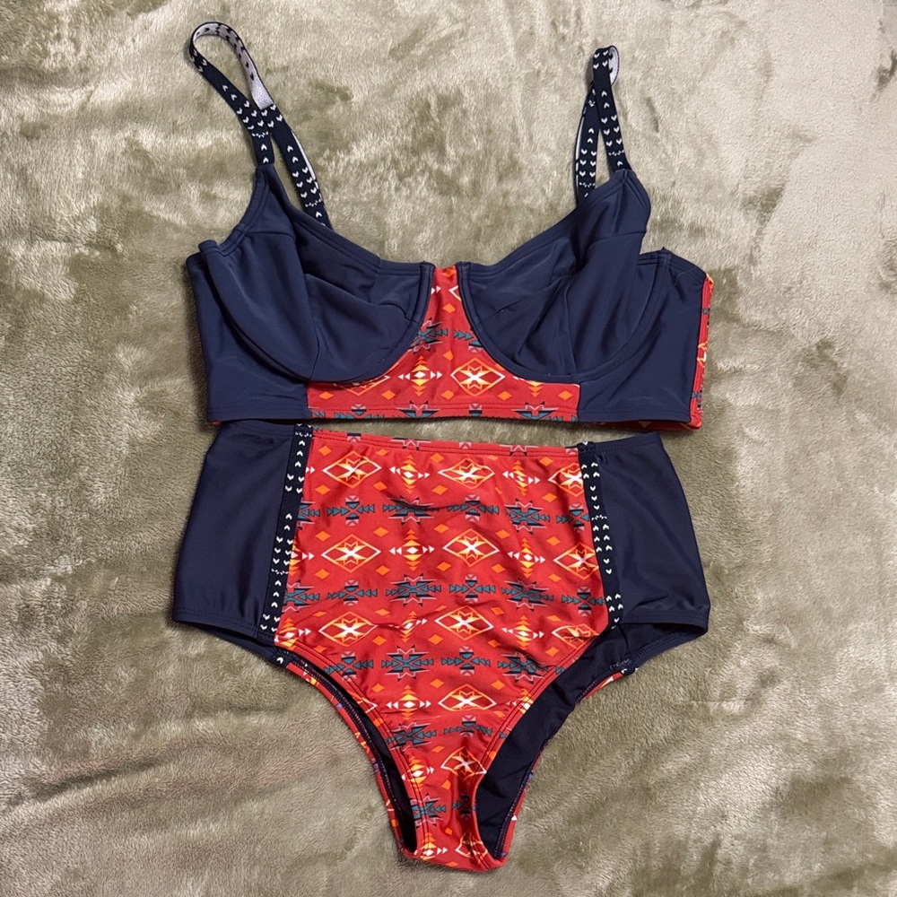 Roxy Red and Blue High Waist Bikini Set